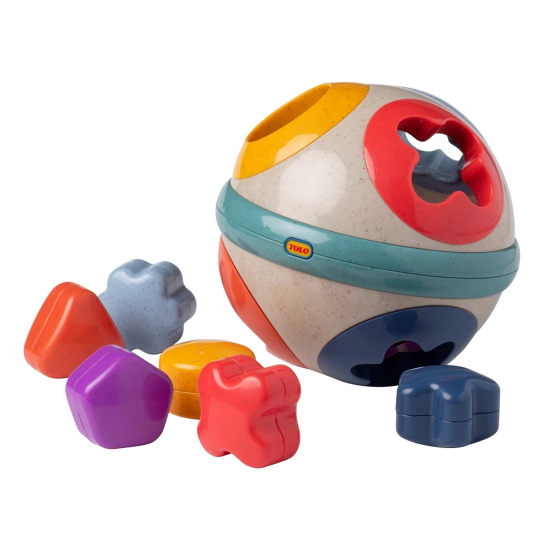 Vkladačka Guľa, detská hračka, obsahuje rôzne geometrické tvary, ktoré deti musia rozoznať a vložiť do správnych otvorov