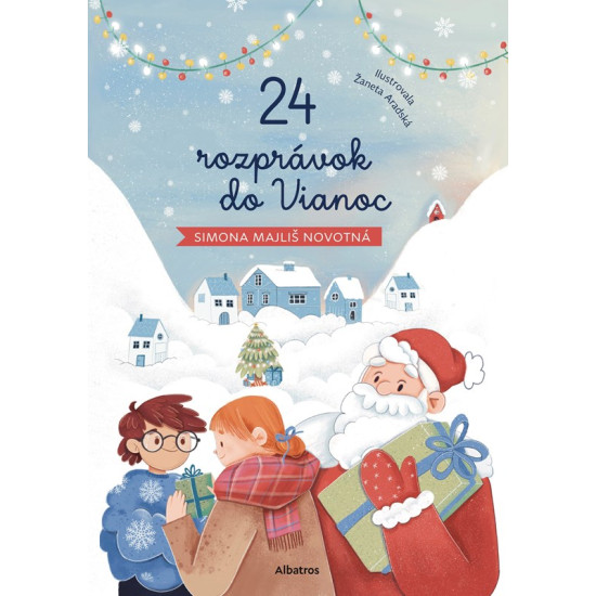 Ilustrácia zasneženej dedinky Snuhuliakovce, kde postavy prežívajú adventné príbehy plné aktivít.