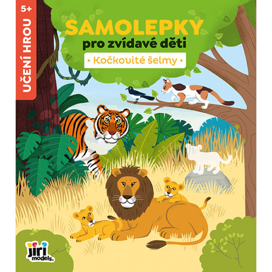 Farebná samolepková knižka Šelmy s obrázkami rôznych šeliem a úlohami na vyplnenie.