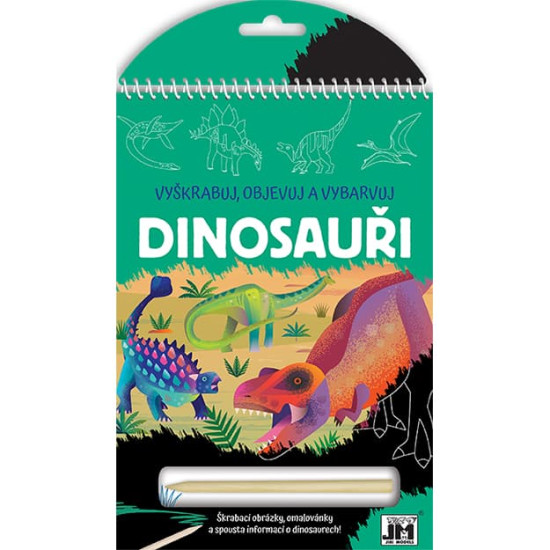 Kreatívny zošit Dinosauři s ktorým môžeš vyškrabovať a vyfarbovať omaľovánky.