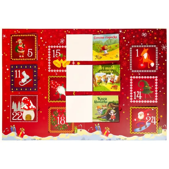 Adventný kalendár s 24 okienkami a detskými rozprávkami, vianočná predvianočná tradícia pre deti.
