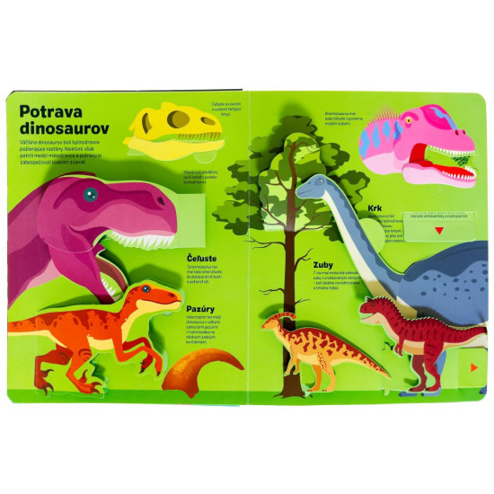 Veľká kniha o dinosauroch plná dômyselných ilustrácií, odklápacích okienok a pohyblivých prvkov ťa vezme späť v čase do sveta týchto prehistorických obrov.