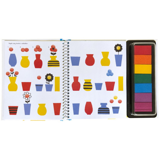 Pustite sa s deťmi do hier s otlačkami prstov - stačí odklopiť viečko z farebných atramentových vankúšikov a zaplniť úlohy v knihe vlastnými výtvormi.