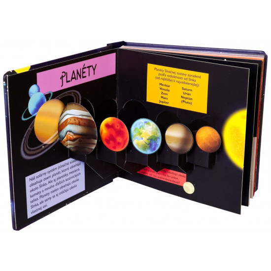 Interaktívna a zábavná kniha s úžasnými pop-up obrázkami je ideálna pre malých zvedavcov, ktorí sa chcú dozvedieť mnoho zaujímavého o vesmíre a planétach.