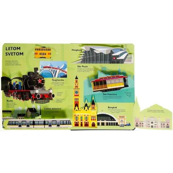 Vlaky v pohybe, interaktívna kniha s pohyblivými prvkami, ktorá zobrazuje históriu aj súčasnosť vlakovej dopravy