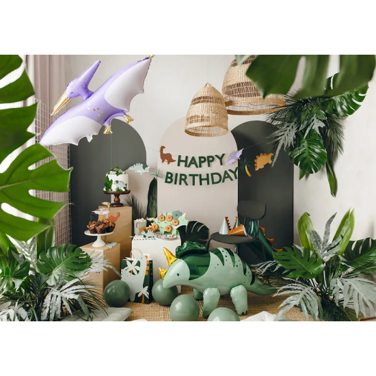 Krásna girlanda s nápisom Happy Birthday a rôznymi kreslenými dinosaurami. 