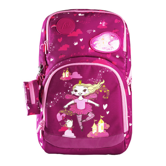 Ľahučká školská taška Ballerina Dark Pink skvelo sedí na chrbte malého študenta.