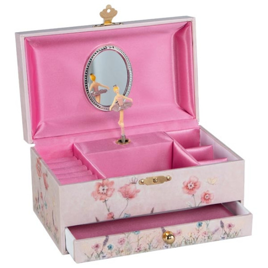 Prekrásna šperkovnica alebo skrinka na iné poklady pre malé parádnice so vznešenou baletkou v ružových baletných šatách.
