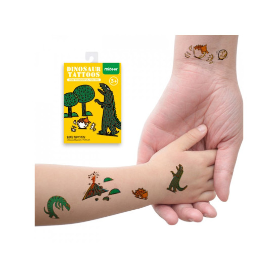 Dočasné tetovačky pre malých dobrodruhov. Set obsahuje 11 tetovaní s obrázkami dinosaurov.