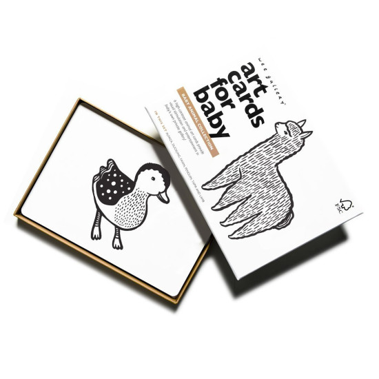 Veľké kontrastné kartónové kartičky s čiernobielym motívom zvieratiek pre rozvoj dieťaťa.