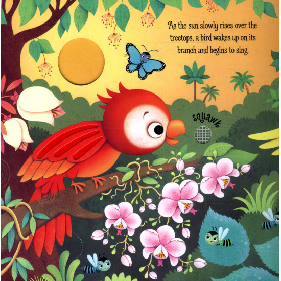Zvuková knižka kde si deti môžu stláčať tlačítka,aby počuli nádherné zvuky z džungle.
