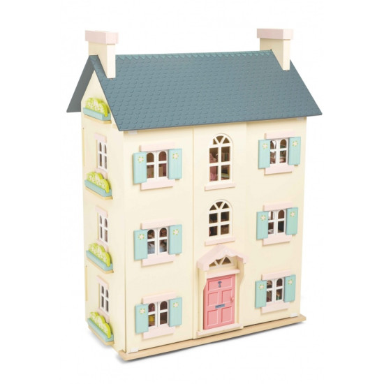 Veľký štvorposchodový ručne maľovaný domček pre bábiky je vyrobený z prírodných materiálov a je detailne spracovaný. 