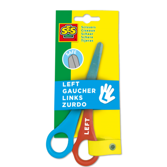 Detské nožnice pre ľavákov od značky SES sú bezpečné vďaka zaobleným špičkám. 