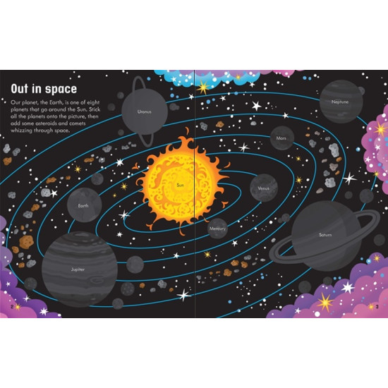 Jednoduchá nálepková kniha pre malé deti, ktorá im pomáha objavovať, čo je vo vesmíre. 
