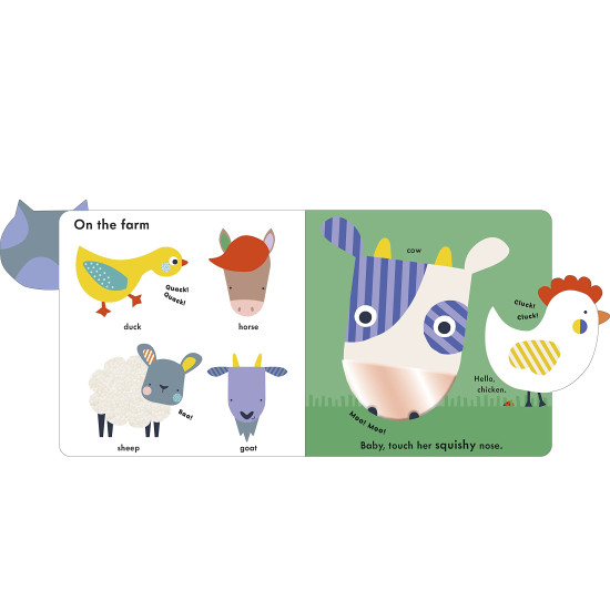 Pomocou kariet v tvare zvieraťa môžete so svojim dieťaťom otáčať stránky a vyhľadávať a pomenovať rôzne zvieratká po celom svete.