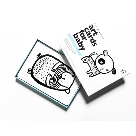 Veľké kontrastné kartónové kartičky s čiernobielym motívom zvieratiek pre rozvoj dieťaťa. 