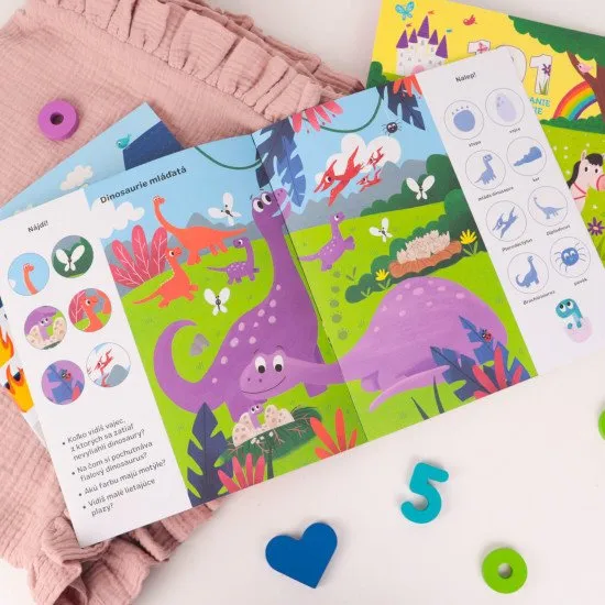 Objavuj dinosaury. Čaká ťa vyše 101 obrázkov - niektoré na hľadanie, iné na dolepenie.