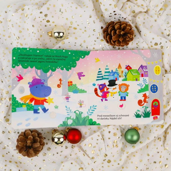 Poďme spoločne ozdobiť stromček a nájsť všetky poschovávané darčeky v tomto vianočnom leporele so zvukmi.