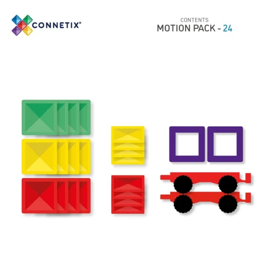 CONNETIX 24-dielna Rainbow Motion Pack sada – Vozidlá s gumovými kolesami a magnetickými dlaždicami pre kreatívne stavanie a pohyb.