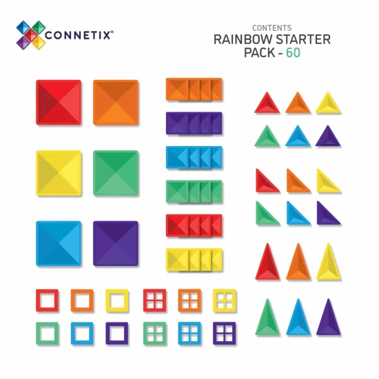 CONNETIX 60-dielny Rainbow Starter Pack Set – Rôzne tvary a farby pre kreativitu a vzdelávaciu hru s magnetickými dlaždicami.