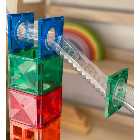 CONNETIX 92-dielna Dúhová Guľočková Dráha – Farebné drevené gule, priesvitné trubice a zábavné zákruty pre deti, rozvoj kreativity a STEAM vzdelávania.