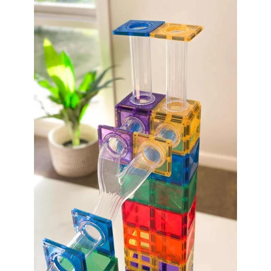 CONNETIX 92-dielna Dúhová Guľočková Dráha – Farebné drevené gule, priesvitné trubice a zábavné zákruty pre deti, rozvoj kreativity a STEAM vzdelávania.