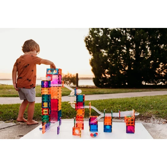 CONNETIX 92-dielna Dúhová Guľočková Dráha – Farebné drevené gule, priesvitné trubice a zábavné zákruty pre deti, rozvoj kreativity a STEAM vzdelávania.