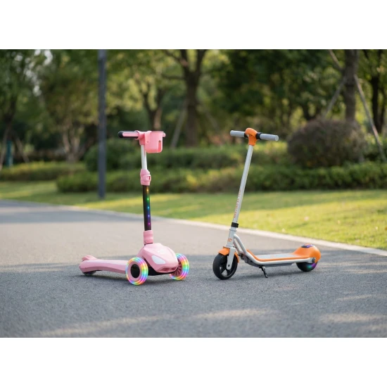 Biela detská elektrická kolobežka Kiddoboo KiddoRider s protišmykovou podložkou, LED svetlom a skladacím rámom – ideálna pre deti od 6 rokov.