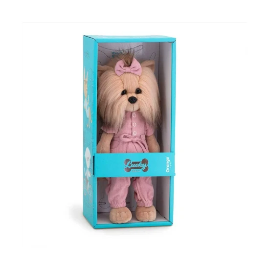 Plysovy psik Lucky Doggy Yoyo yorksir v ruzovych satach – 38 cm