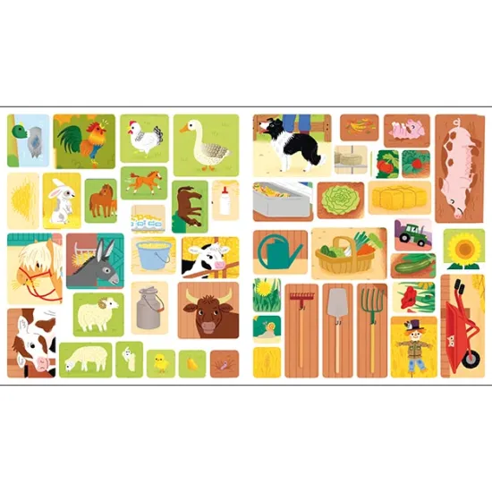 Farebná samolepková knižka Farma s obrázkami zvierat, strojov a úlohami na vyplnenie.