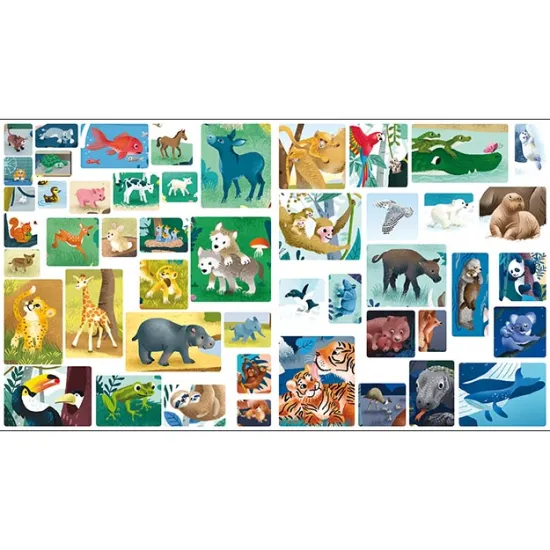 Samolepková knižka Zvieratá a ich mláďatá pre deti s farebnými stranami a nálepkami na dolepenie.