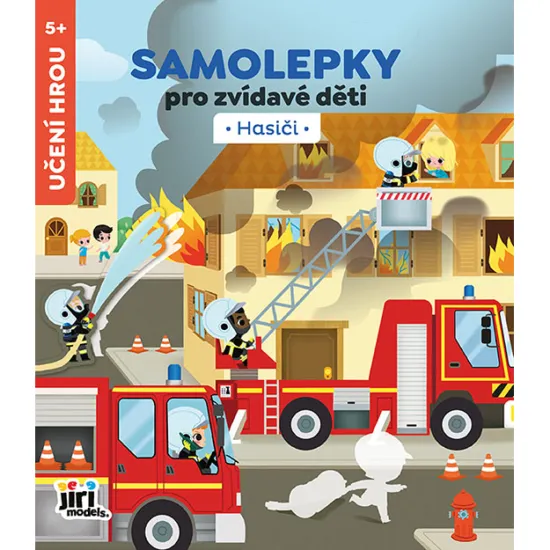 Farebná samolepková knižka Hasiči s obrázkami hasičských áut, zásahov a záchranných situácií.