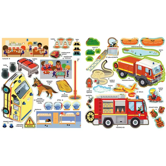 Farebná samolepková knižka Hasiči s obrázkami hasičských áut, zásahov a záchranných situácií.