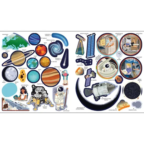 Farebná samolepková knižka Vesmír s obrázkami planét, hviezd a vesmírnych telies.