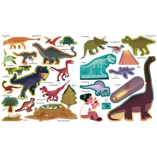 Samolepková knižka o dinosauroch pre deti s obrázkami dinosaurov, samolepkami a vzdelávacími aktivitami.