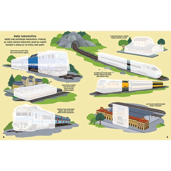 Hravá a farebná samolepková knižka, ktorá vtiahne deti do sveta vlakov.