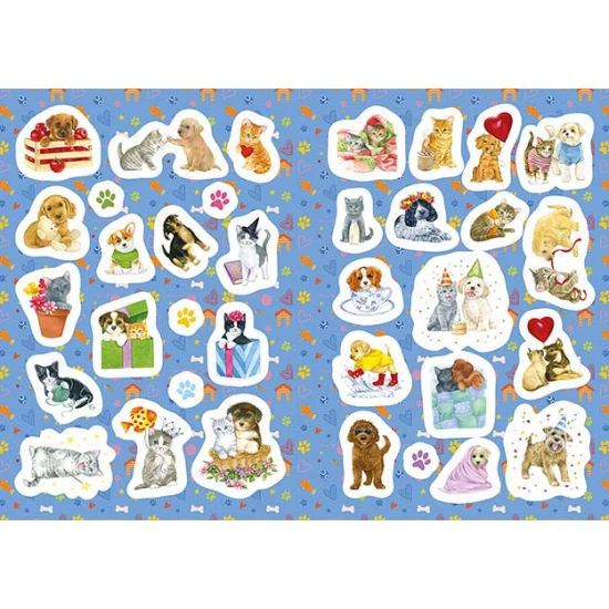 Omaľovánky pre deti so šteniatkami a mačiatkami – 24 strán zábavných úloh a viac ako 20 farebných samolepiek.