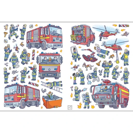 Metalická samolepková knižka Hasiči – 24 strán aktivít, 4 strany papierových a 4 strany metalických samolepiek s motívmi hasičov.