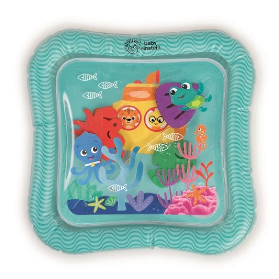 Baby Einstein Vodná podložka Sensory Splash 0m+ Detská plniteľná vodná podložka Baby Einstein Ocean Explorers Sensory Splash Water Mat s plávajúcimi morskými živočíchmi podporuje hru na brušku a rozvoj jemnej motoriky.
