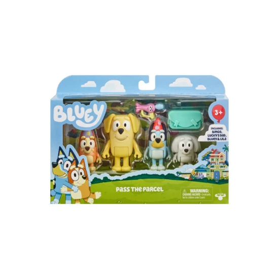 Moose Toys Bluey Putovný balík Set – 4 figúrky a 2 doplnky.