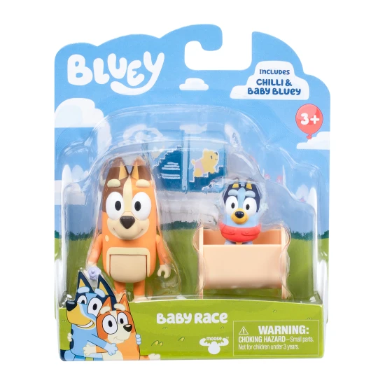 Sada Detské preteky so zábavnými figúrkami Chilli a Baby Bluey s kolískou.