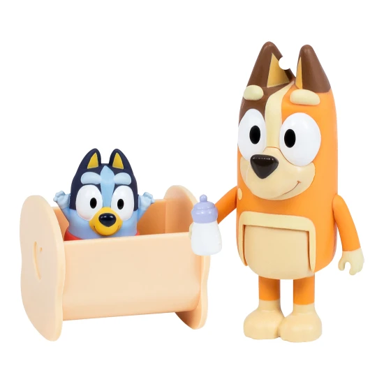 Sada Detské preteky so zábavnými figúrkami Chilli a Baby Bluey s kolískou.