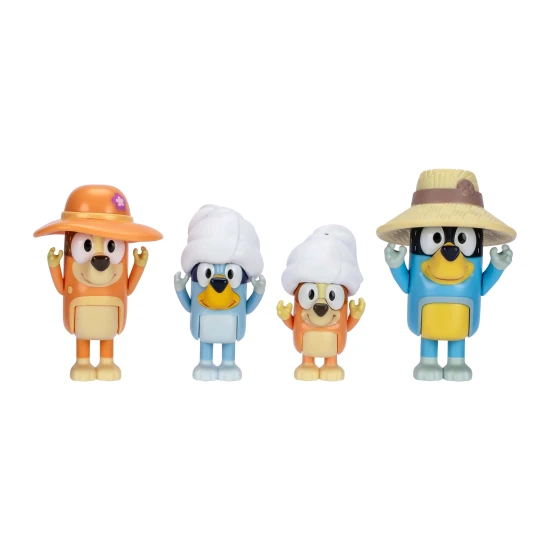 Bluey Rodinný výlet – 4 figúrky Bluey, Bingo, Chilli a Bandit pripravené na dovolenku.