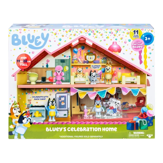 Moose Toys Bluey Narodeninová oslava – domček s figúrkou Bluey a doplnkami.