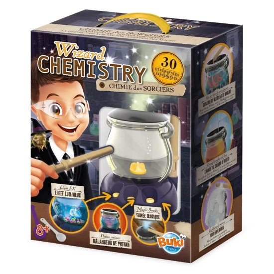 Sada je tematicky ladená ako dielňa malého "chemického čarodejníka" so všetkými potrebnými pomôckami. 