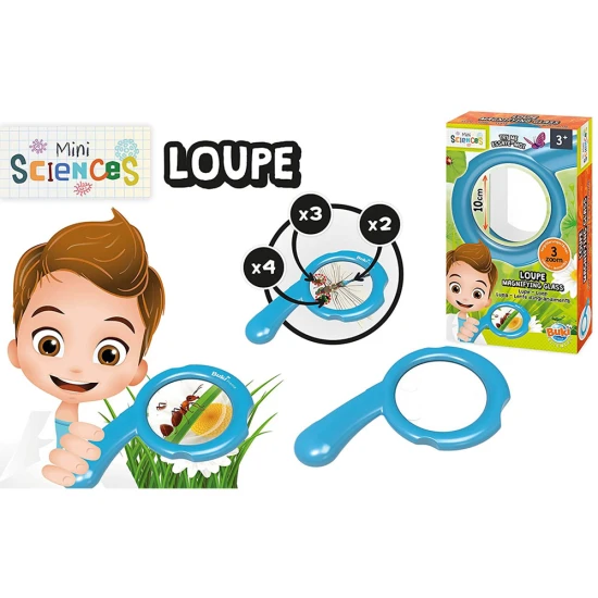 Veľká lupa určená pre deti. Hlavná zväčšovacia šošovka má priemer 9cm a zväčšuje 2x a sú na nej umiestnené 2 polia so zväčšením 3x a 4x. 
