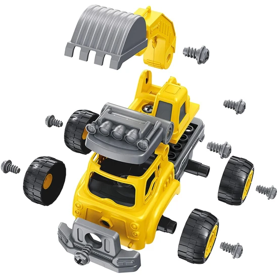 Stavebnica stavebných strojov (2 varianty: bager a nákladné auto) na diaľkové ovládanie, ktoré si dieťa zostaví samo.  