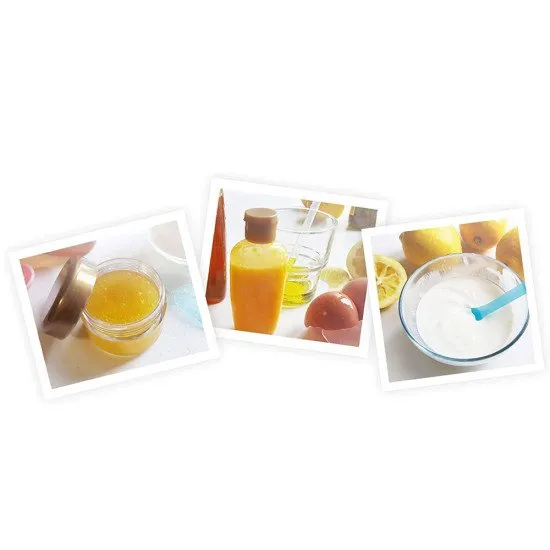 Súprava na výrobu domácej kozmetiky z prírodných surovín obsahuje 15 receptov a nástroje na ich namiešanie.