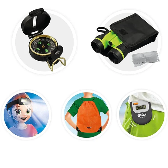 Detská súprava obsahuje ďalekohľad s priblížením 5x, obalom a utierkou na šošovky, kompas, čelovku s LED, krokomer na meranie fyzickej aktivity a vak na chrbát.