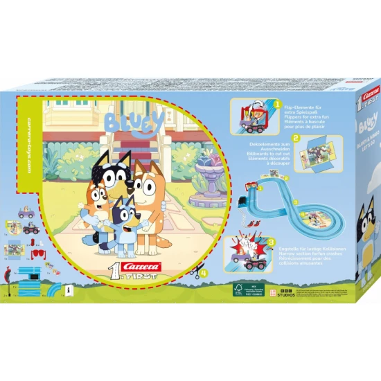Autodráha Carrera FIRST s autíčkami Bluey a Bingo, detská závodná dráha s rovinkami, zákrutami a bránkami